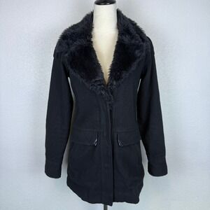 Y2K Hurley Black Faux Fur Trimmed Jacket Coat Faux Leather Patches Women's Small